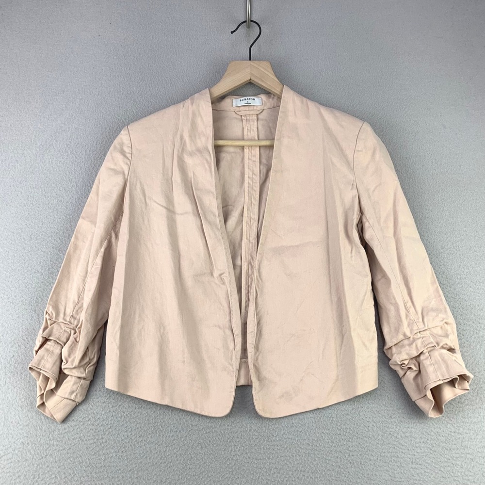 Babaton Aritzia Blazer Jacket Women 2 Pink Linen Ruched Sleeve Open Front Office